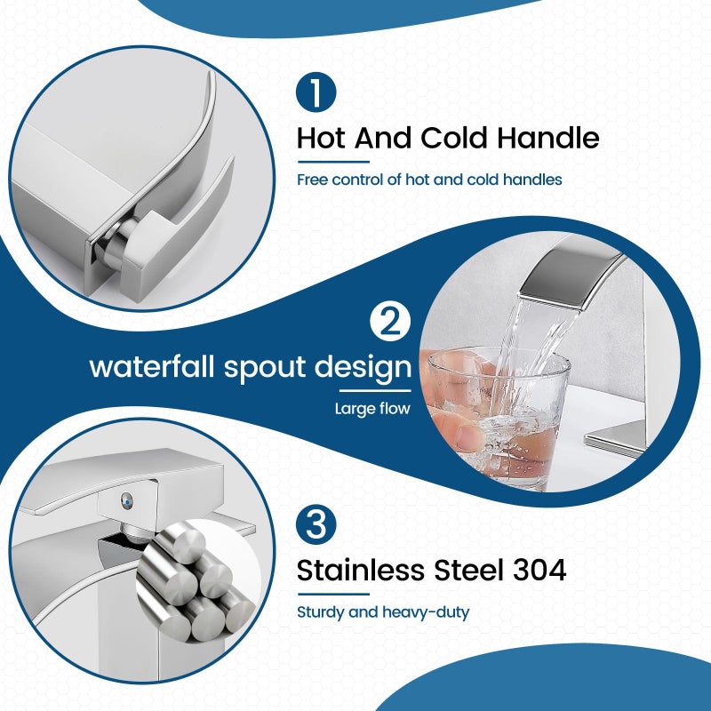 Airuida Chrome Polish Waterfall Spout Bathroom Faucet Single Handle Single Hole Bathroom Sink Faucet 1 or 3 Holes Rv Lavatory Vanity Faucet Basin Mixer Tap with Deck Plate and Supply Lines - Image 4